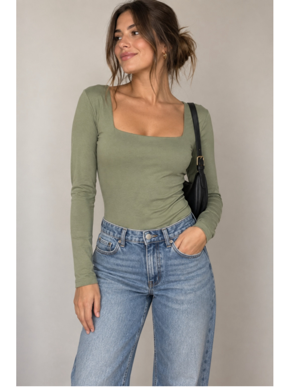 Bluenotes Olive Green Square Neck Bodysuit L - Thong Snap Bottom